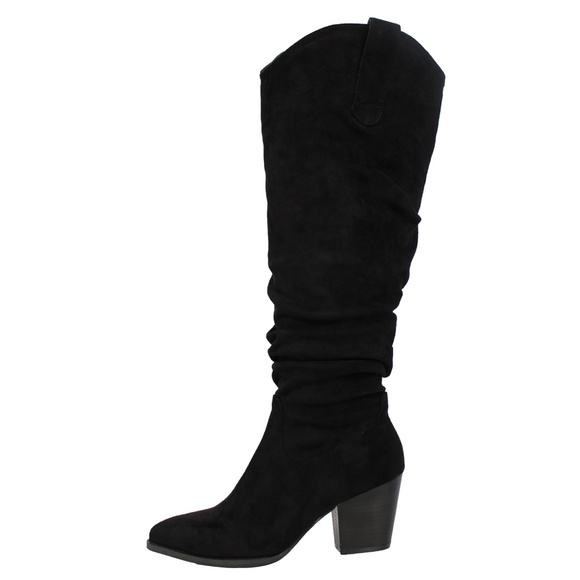 Black Faux Suede Slouchy Cowboy Pull On Knee High - Picture 3 of 6